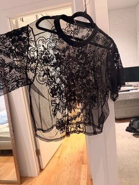 Anthropologie Black Sheer Floral Embroidered Mesh Top